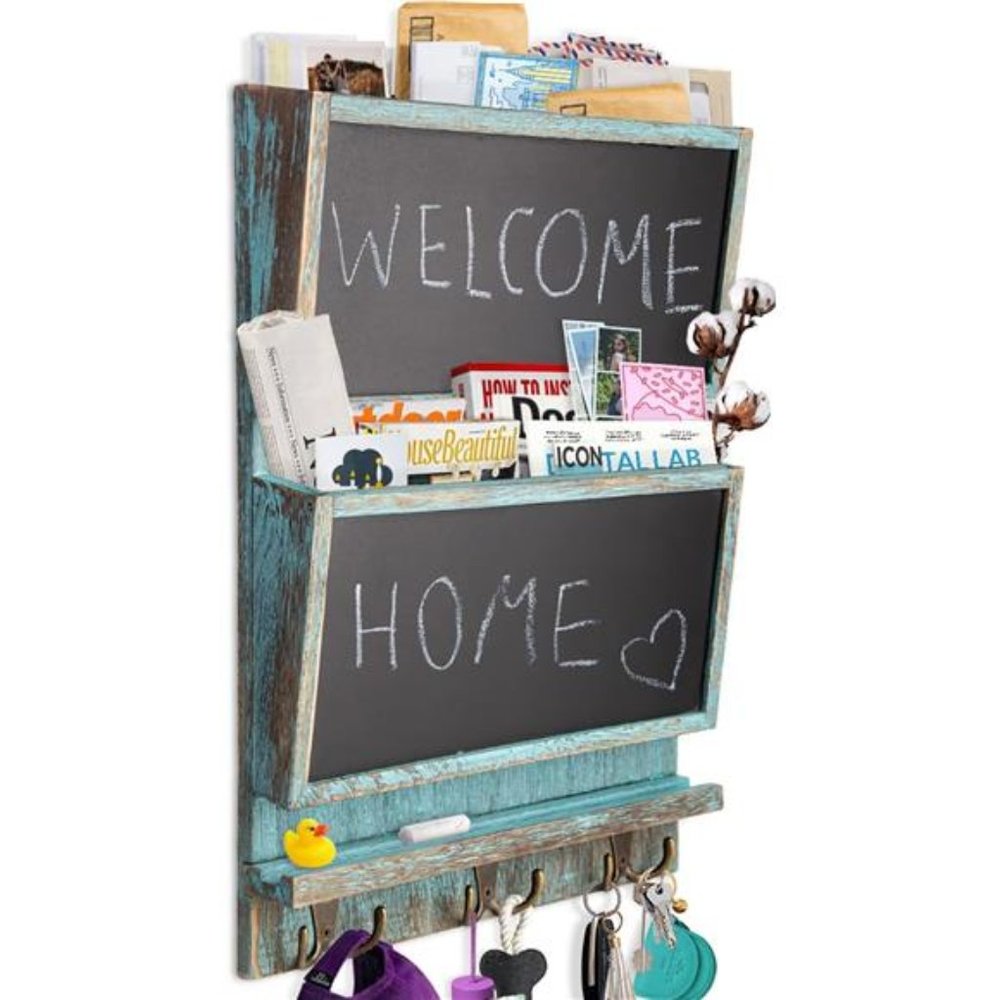 Rustic 2Slot Mail Sorter Organizer for Wall w/Chalkboard Surface & 3 Double Hook
